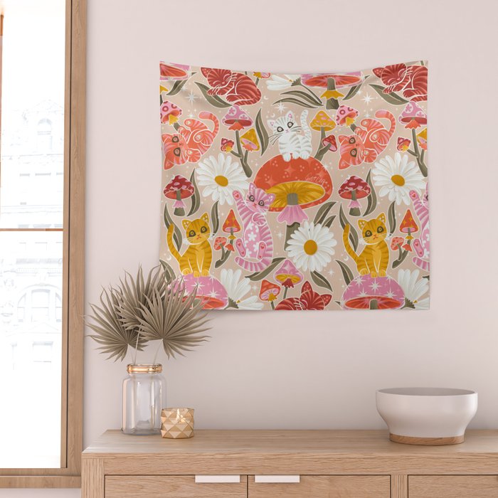 Kittens & Shrooms - Pink & Coral on Cream Wall Tapestry Gallery Image 2
