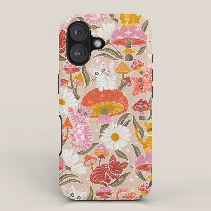 Kittens & Shrooms - Pink & Coral on Cream iPhone Case Gallery Image 1