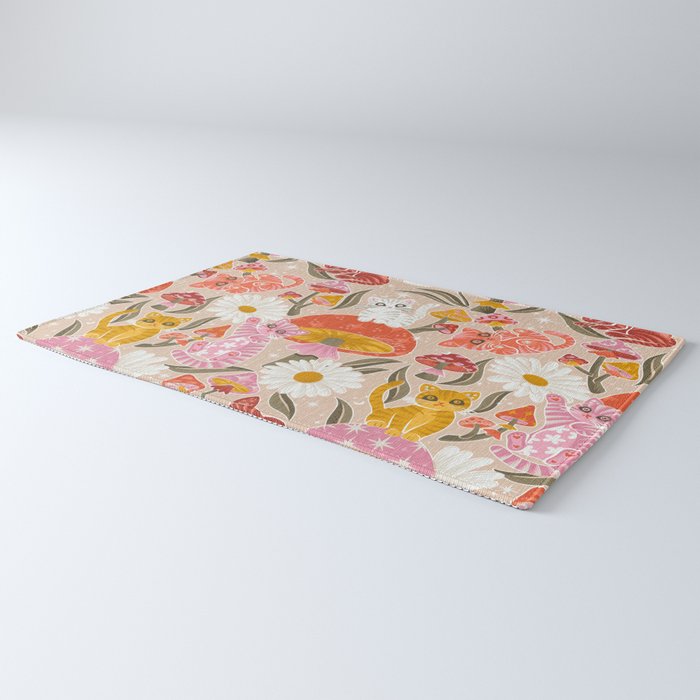 Kittens & Shrooms - Pink & Coral on Cream Rug Gallery Image 3