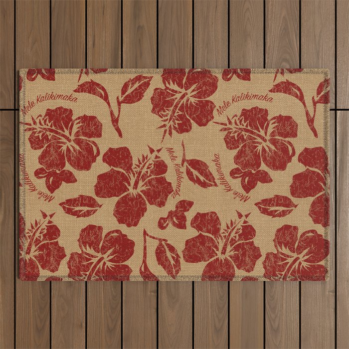 Mele Kalikimaka Vintage Pareau Hawaiian Hibiscus  Outdoor Rug Gallery Image 1