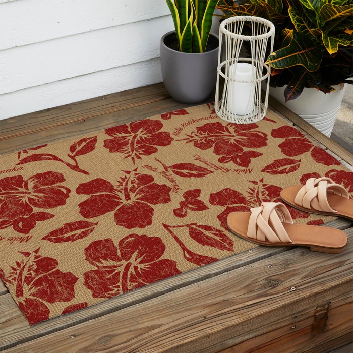 Mele Kalikimaka Vintage Pareau Hawaiian Hibiscus  Outdoor Rug Gallery Image 2