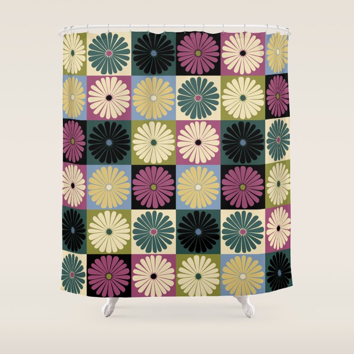 Retro Flowers Check Pattern I Shower Curtain Gallery Image 1