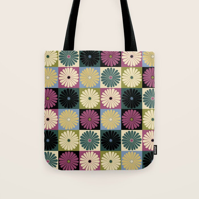Retro Flowers Check Pattern I Tote Bag Gallery Image 1