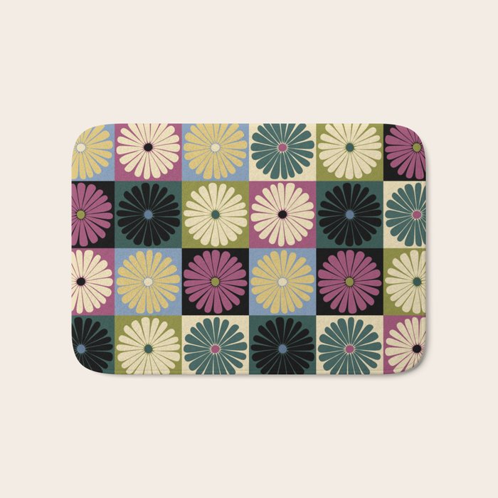 Retro Flowers Check Pattern I Bath Mat Gallery Image 1