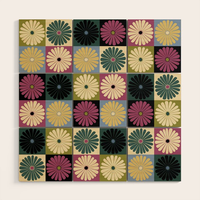 Retro Flowers Check Pattern I Wood Wall Art Gallery Image 1
