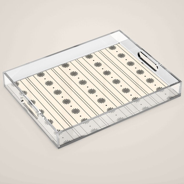 Daisy Stripes Minimalist Geometric Flowers and Stripes Pattern in Black and Almond Cream Acrylic Tray Gallery Image 1