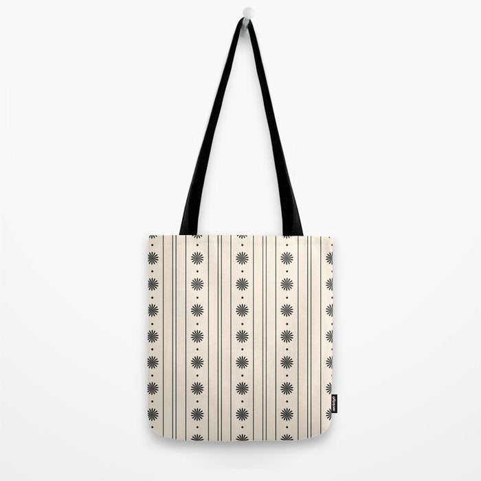Daisy Stripes Minimalist Geometric Flowers and Stripes Pattern in Black and Almond Cream Tote Bag Gallery Image 2