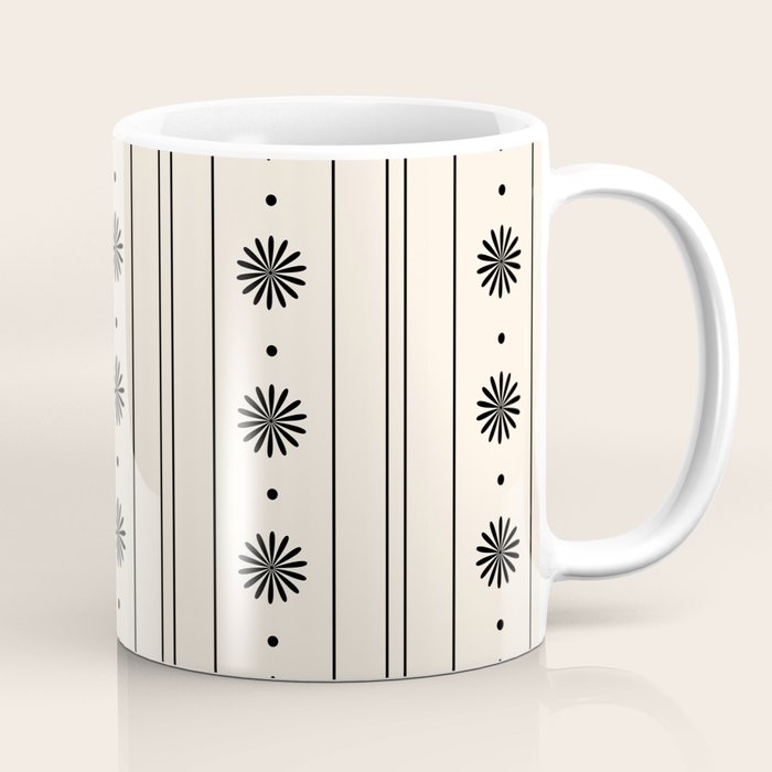 Daisy Stripes Minimalist Geometric Flowers and Stripes Pattern in Black and Almond Cream Coffee Mug Gallery Image 1