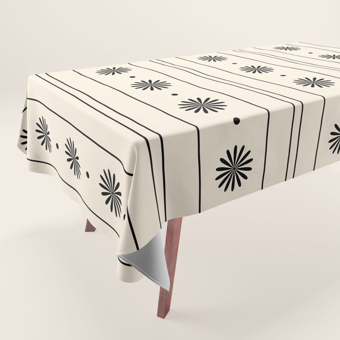 Daisy Stripes Minimalist Geometric Flowers and Stripes Pattern in Black and Almond Cream Tablecloth Gallery Image 1