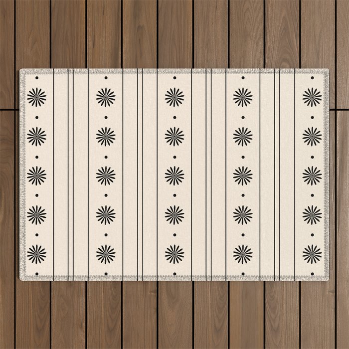 Daisy Stripes Minimalist Geometric Flowers and Stripes Pattern in Black and Almond Cream Outdoor Rug Gallery Image 1