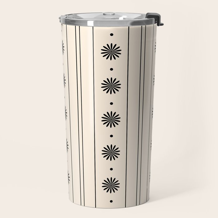 Daisy Stripes Minimalist Geometric Flowers and Stripes Pattern in Black and Almond Cream Travel Mug Gallery Image 2