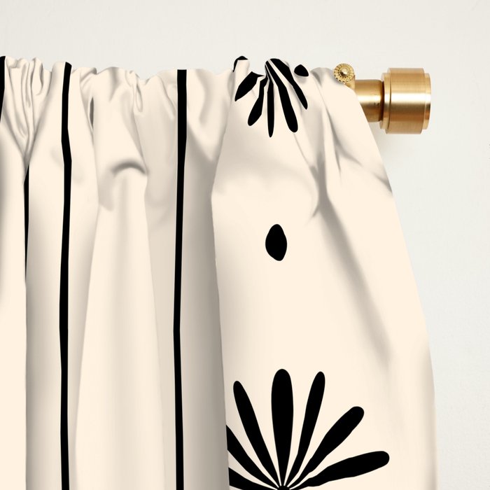 Daisy Stripes Minimalist Geometric Flowers and Stripes Pattern in Black and Almond Cream Window Curtain Gallery Image 2