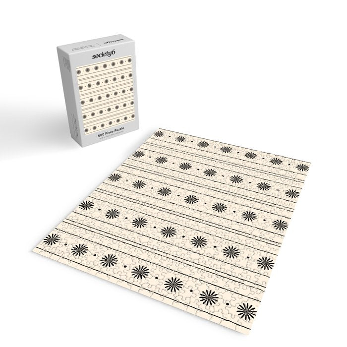 Daisy Stripes Minimalist Geometric Flowers and Stripes Pattern in Black and Almond Cream Jigsaw Puzzle Gallery Image 2
