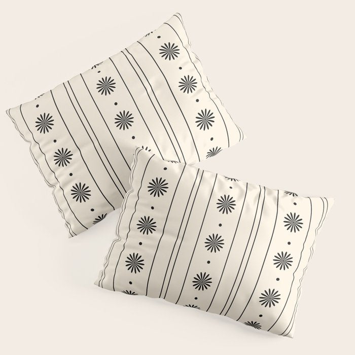 Daisy Stripes Minimalist Geometric Flowers and Stripes Pattern in Black and Almond Cream Pillow Sham Gallery Image 3