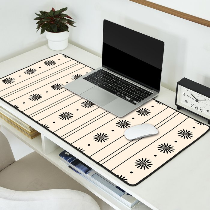 Daisy Stripes Minimalist Geometric Flowers and Stripes Pattern in Black and Almond Cream Desk Mat Gallery Image 2