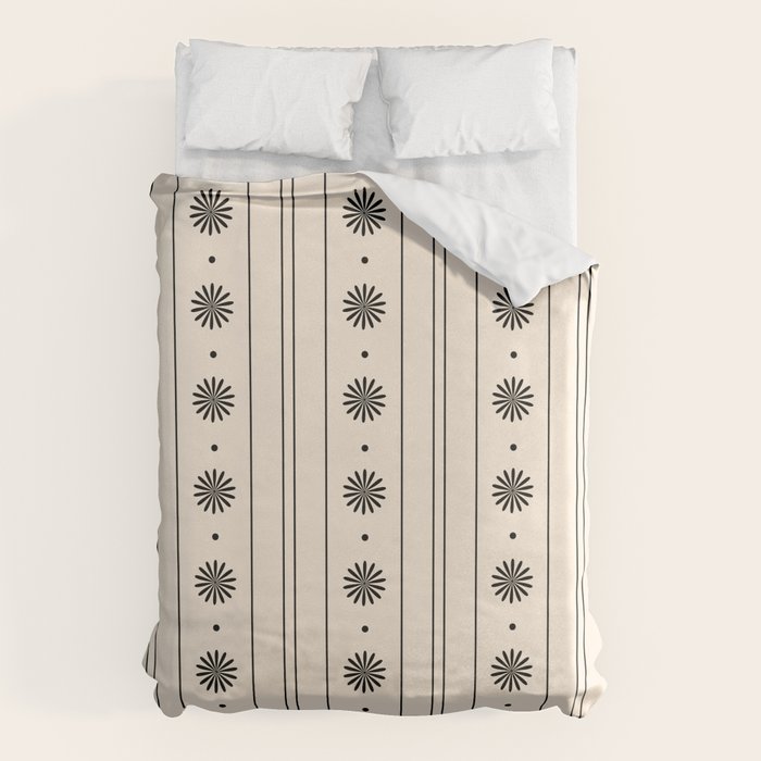 Daisy Stripes Minimalist Geometric Flowers and Stripes Pattern in Black and Almond Cream Duvet Cover Gallery Image 6