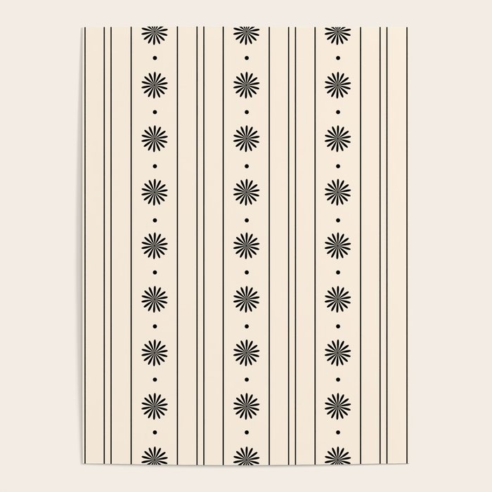 Daisy Stripes Minimalist Geometric Flowers and Stripes Pattern in Black and Almond Cream Poster Gallery Image 1