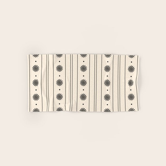 Daisy Stripes Minimalist Geometric Flowers and Stripes Pattern in Black and Almond Cream Bath Towel Gallery Image 1