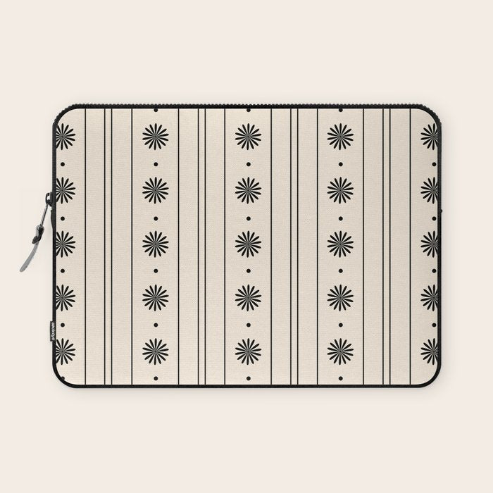 Daisy Stripes Minimalist Geometric Flowers and Stripes Pattern in Black and Almond Cream Laptop Sleeve Gallery Image 1