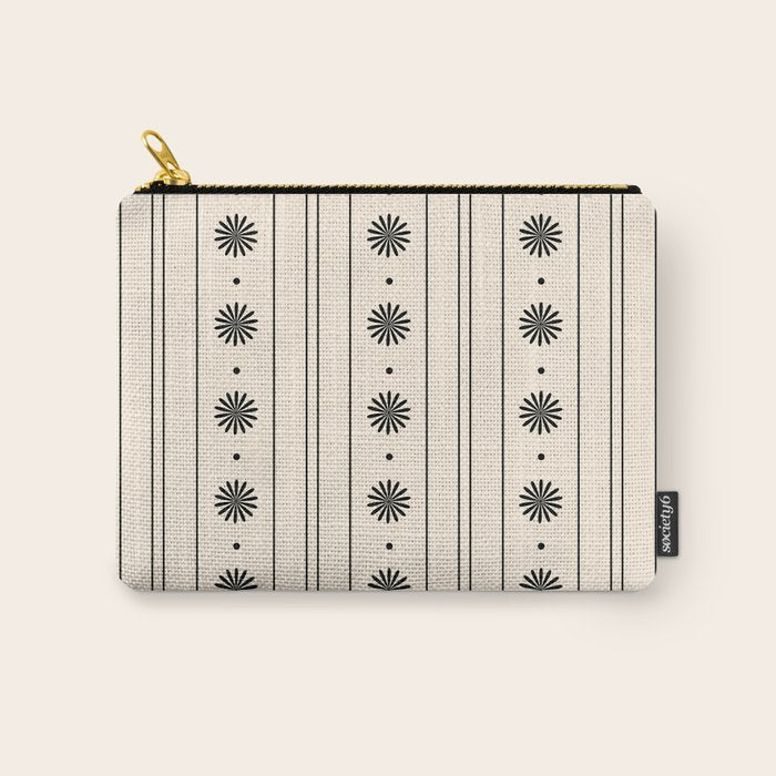 Daisy Stripes Minimalist Geometric Flowers and Stripes Pattern in Black and Almond Cream Carry All Pouch Gallery Image 1