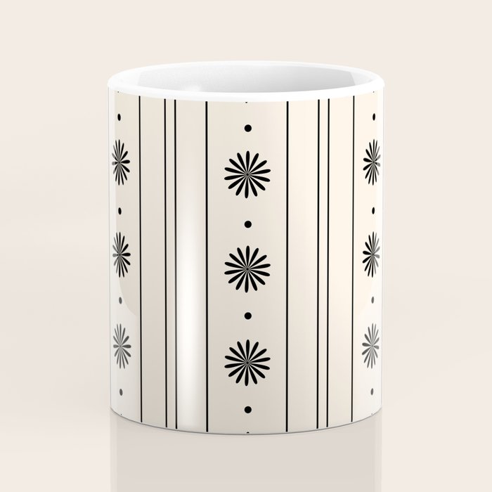 Daisy Stripes Minimalist Geometric Flowers and Stripes Pattern in Black and Almond Cream Coffee Mug Gallery Image 4
