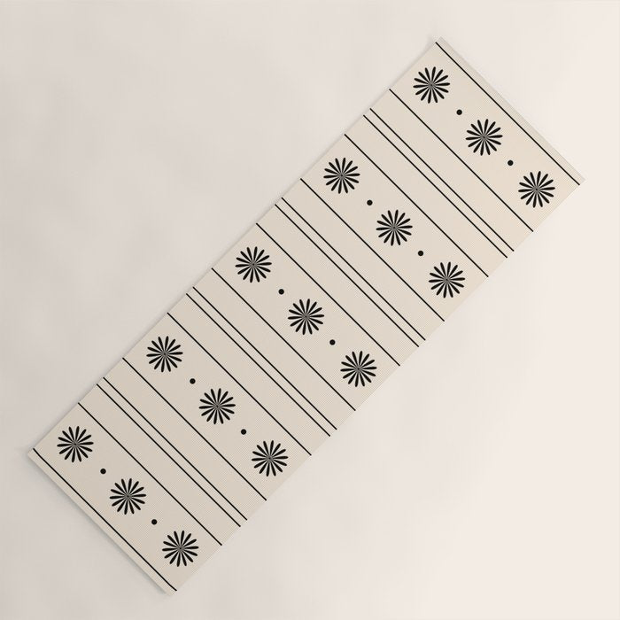 Daisy Stripes Minimalist Geometric Flowers and Stripes Pattern in Black and Almond Cream Yoga Mat Gallery Image 1