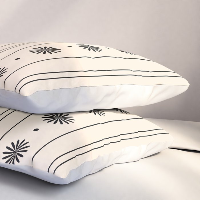 Daisy Stripes Minimalist Geometric Flowers and Stripes Pattern in Black and Almond Cream Pillow Sham Gallery Image 3