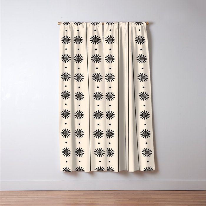Daisy Stripes Minimalist Geometric Flowers and Stripes Pattern in Black and Almond Cream Window Curtain Gallery Image 3