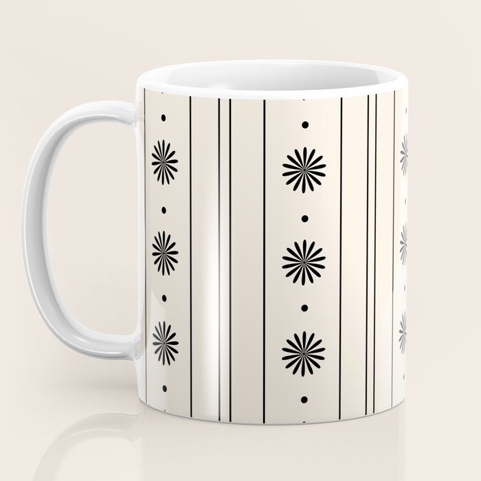Daisy Stripes Minimalist Geometric Flowers and Stripes Pattern in Black and Almond Cream Coffee Mug Gallery Image 3