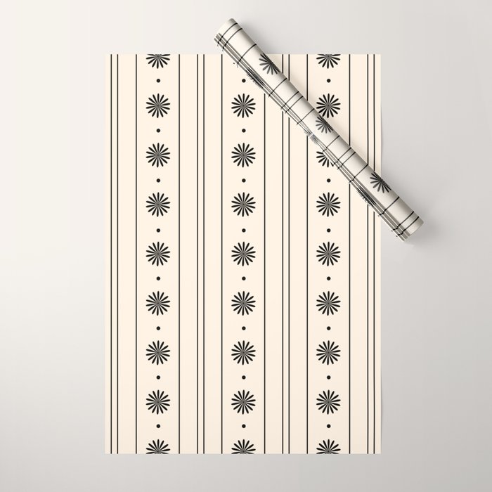 Daisy Stripes Minimalist Geometric Flowers and Stripes Pattern in Black and Almond Cream Wrapping Paper Gallery Image 1