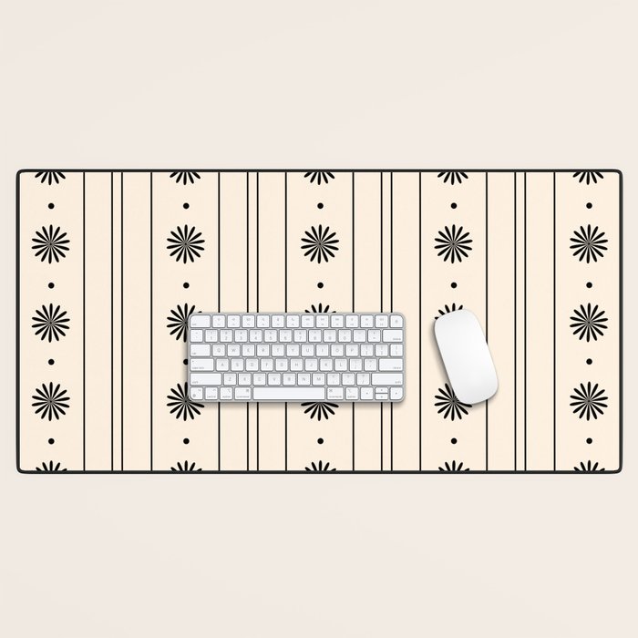 Daisy Stripes Minimalist Geometric Flowers and Stripes Pattern in Black and Almond Cream Desk Mat Gallery Image 1