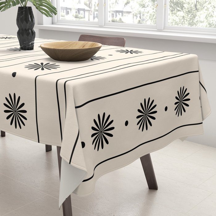 Daisy Stripes Minimalist Geometric Flowers and Stripes Pattern in Black and Almond Cream Tablecloth Gallery Image 3