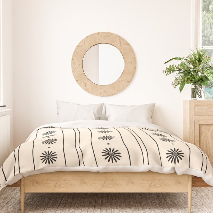 Daisy Stripes Minimalist Geometric Flowers and Stripes Pattern in Black and Almond Cream Duvet Cover Gallery Image 3