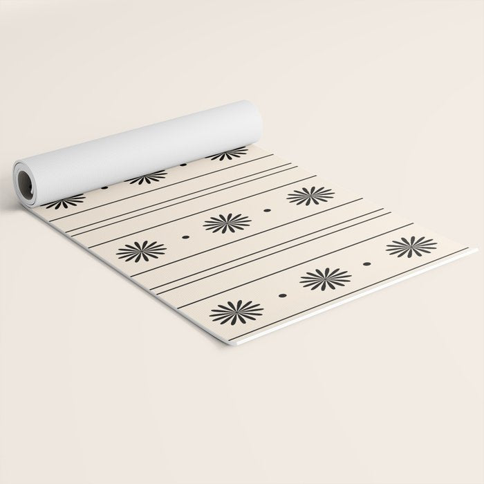 Daisy Stripes Minimalist Geometric Flowers and Stripes Pattern in Black and Almond Cream Yoga Mat Gallery Image 2