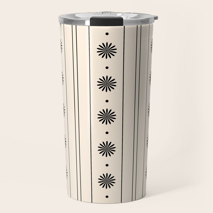 Daisy Stripes Minimalist Geometric Flowers and Stripes Pattern in Black and Almond Cream Travel Mug Gallery Image 1