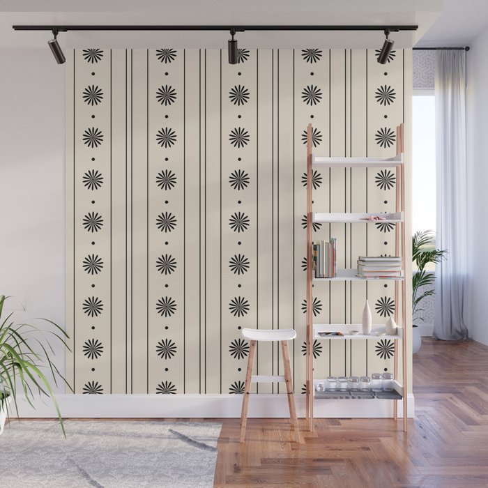 Daisy Stripes Minimalist Geometric Flowers and Stripes Pattern in Black and Almond Cream Wall Mural Gallery Image 1