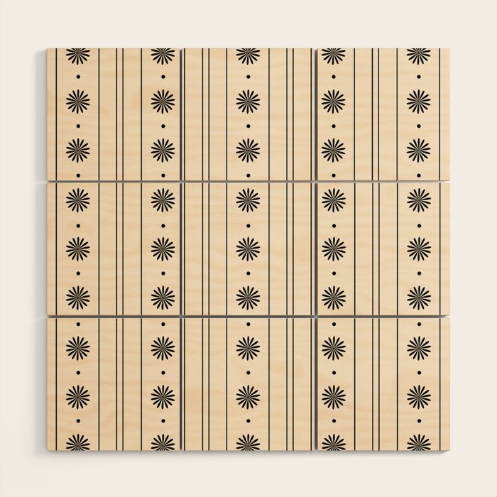Daisy Stripes Minimalist Geometric Flowers and Stripes Pattern in Black and Almond Cream Wood Wall Art Gallery Image 1