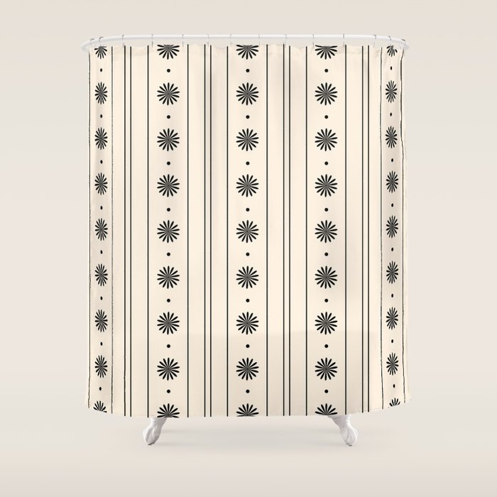 Daisy Stripes Minimalist Geometric Flowers and Stripes Pattern in Black and Almond Cream Shower Curtain Gallery Image 1