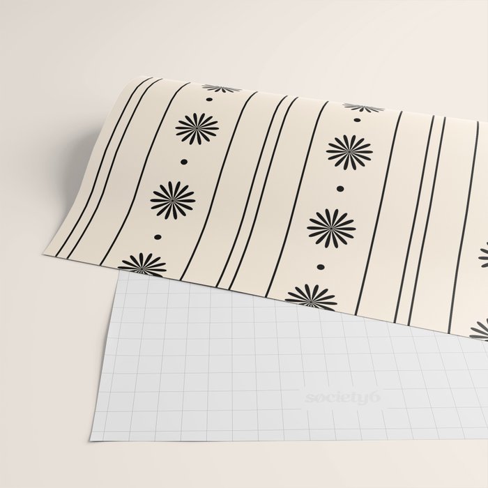 Daisy Stripes Minimalist Geometric Flowers and Stripes Pattern in Black and Almond Cream Wrapping Paper Gallery Image 2
