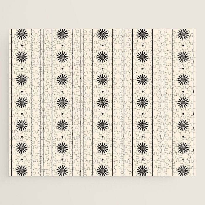 Daisy Stripes Minimalist Geometric Flowers and Stripes Pattern in Black and Almond Cream Jigsaw Puzzle Gallery Image 1