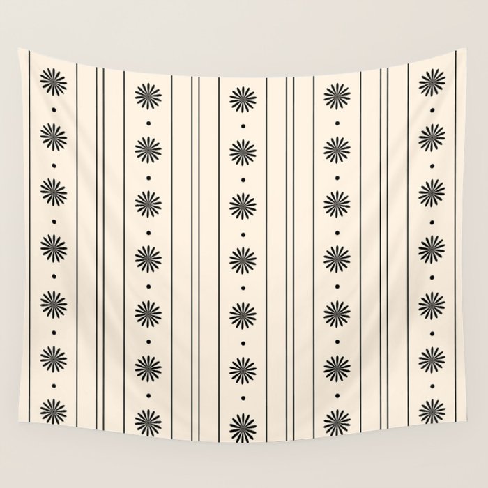 Daisy Stripes Minimalist Geometric Flowers and Stripes Pattern in Black and Almond Cream Wall Tapestry Gallery Image 4