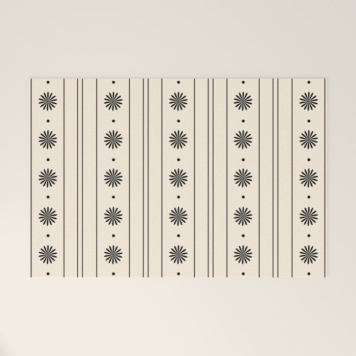 Daisy Stripes Minimalist Geometric Flowers and Stripes Pattern in Black and Almond Cream Welcome Mat Gallery Image 1