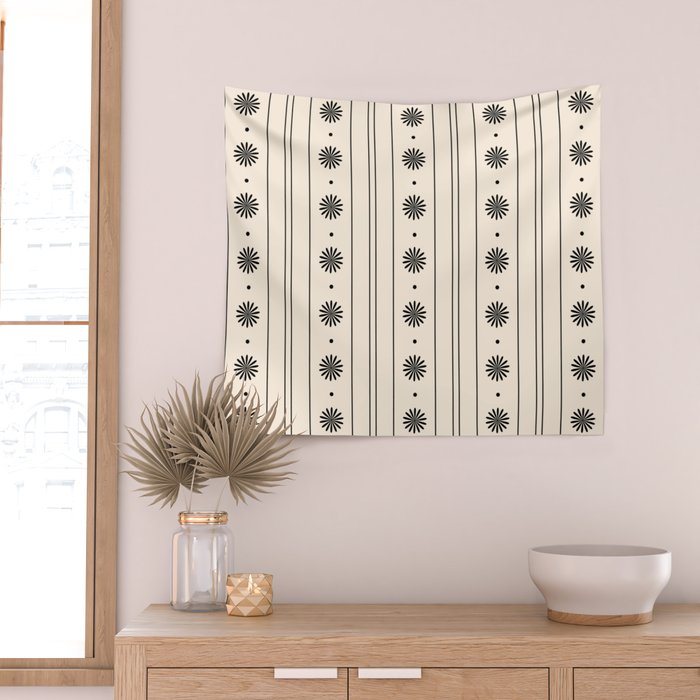 Daisy Stripes Minimalist Geometric Flowers and Stripes Pattern in Black and Almond Cream Wall Tapestry Gallery Image 2