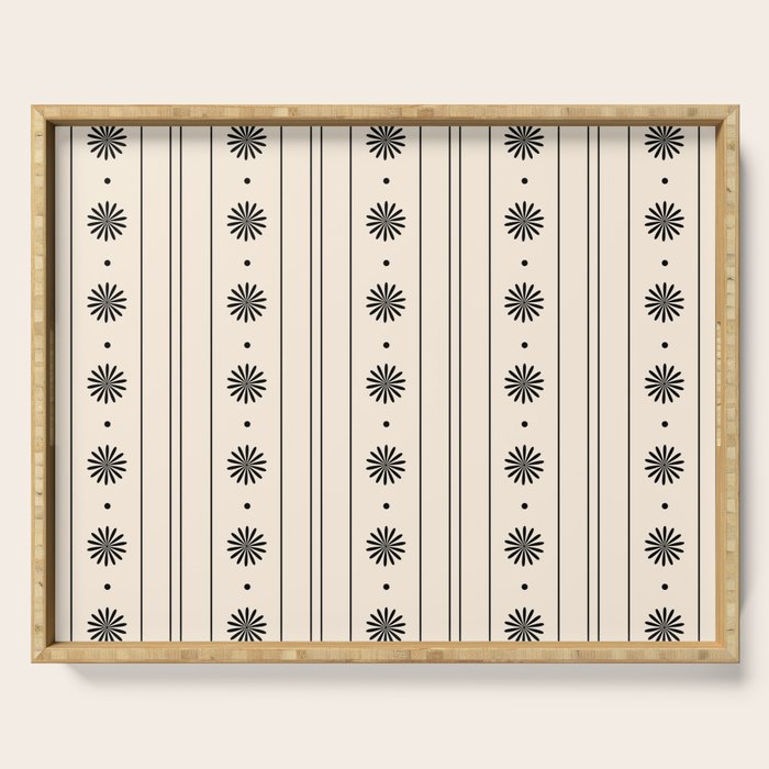 Daisy Stripes Minimalist Geometric Flowers and Stripes Pattern in Black and Almond Cream Serving Tray Gallery Image 1