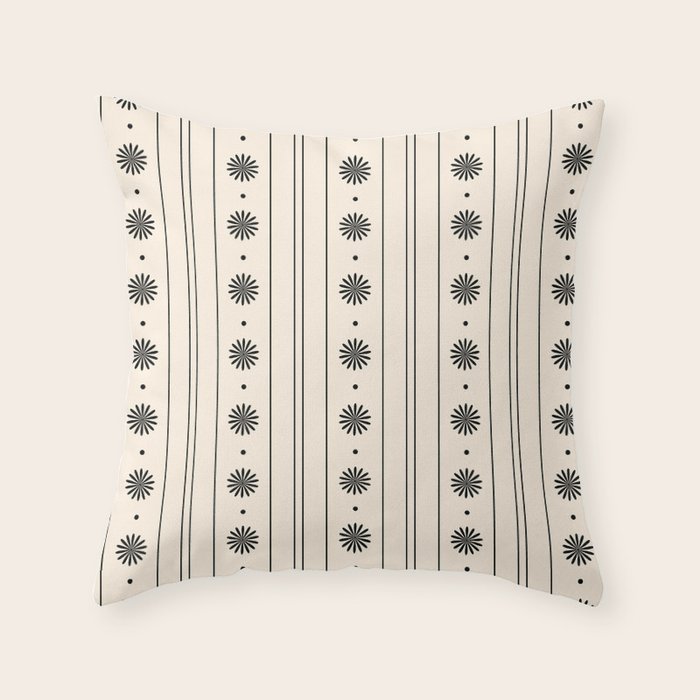 Daisy Stripes Minimalist Geometric Flowers and Stripes Pattern in Black and Almond Cream Throw Pillow Gallery Image 1