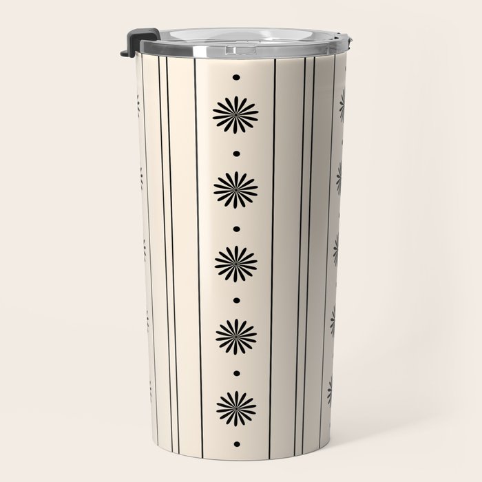 Daisy Stripes Minimalist Geometric Flowers and Stripes Pattern in Black and Almond Cream Travel Mug Gallery Image 3