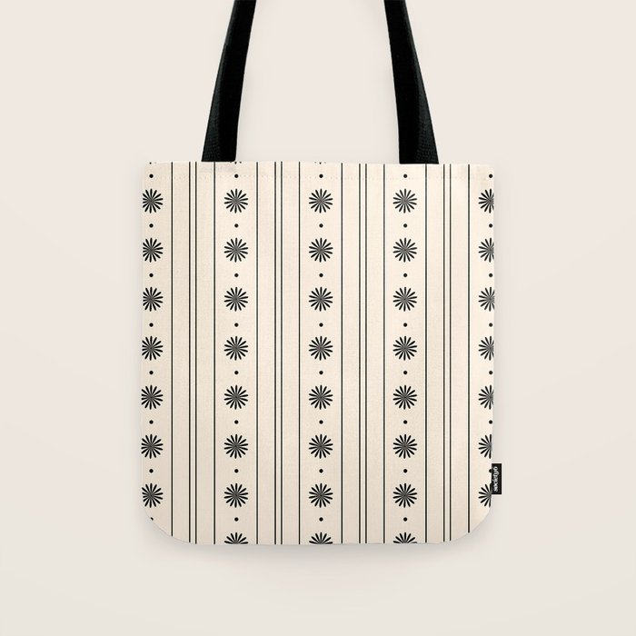 Daisy Stripes Minimalist Geometric Flowers and Stripes Pattern in Black and Almond Cream Tote Bag Gallery Image 1
