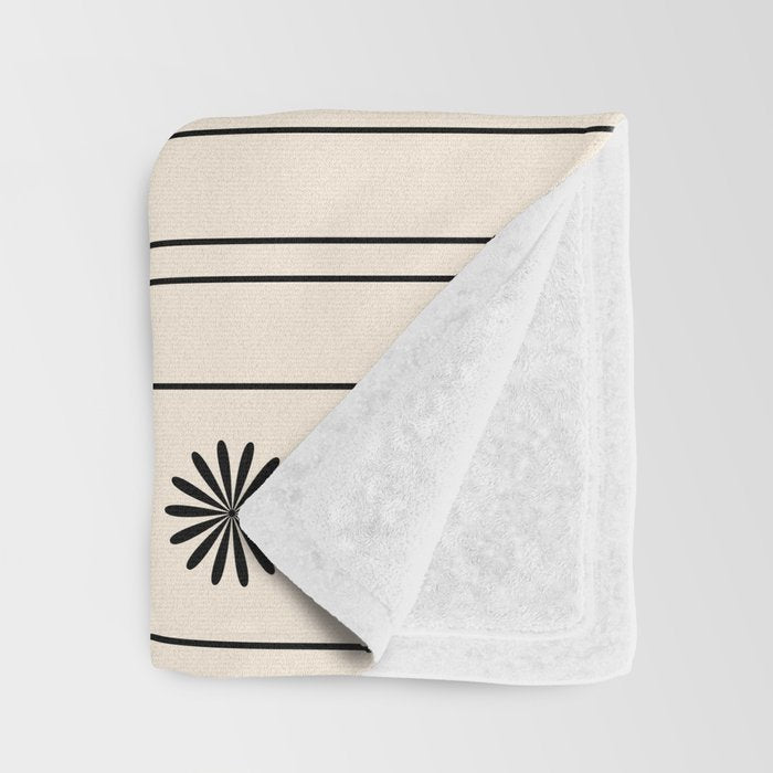 Daisy Stripes Minimalist Geometric Flowers and Stripes Pattern in Black and Almond Cream Throw Blanket Gallery Image 3