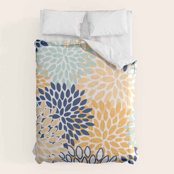 Modern, Floral Prints, Navy, Blue and Yellow Comforter Gallery Image 1