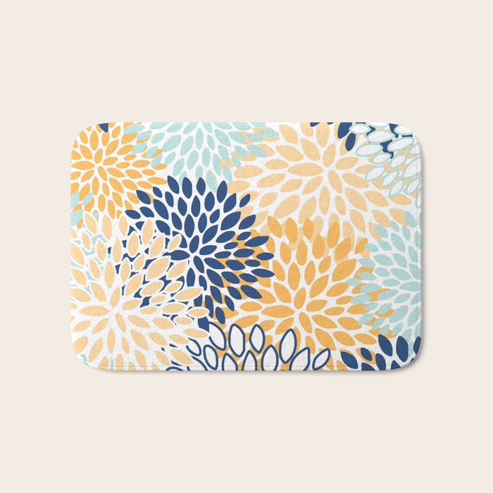 Modern, Floral Prints, Navy, Blue and Yellow Bath Mat Gallery Image 1